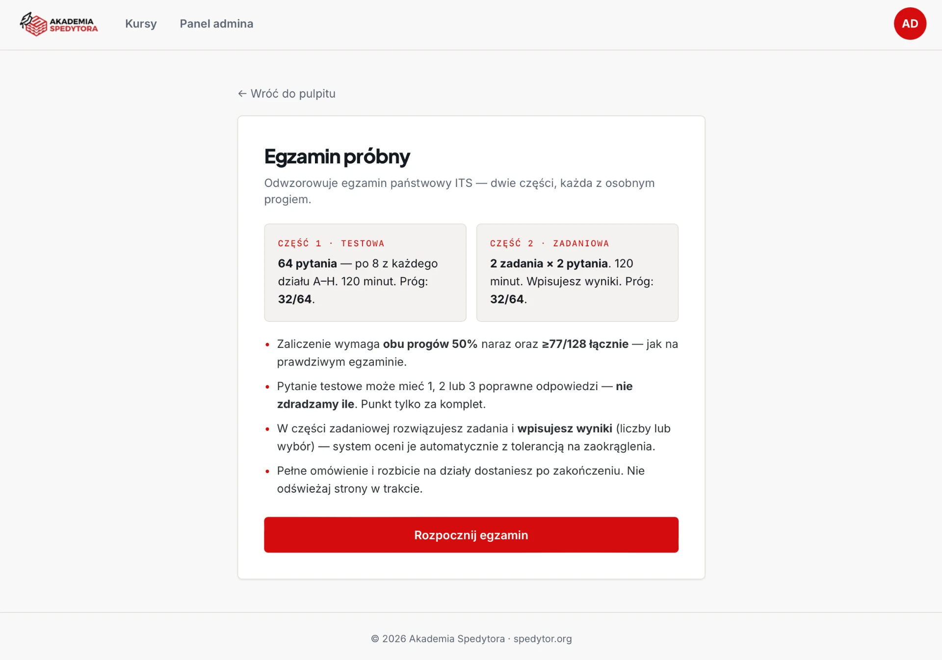 Ekran egzaminu próbnego CKZ z dwiema częściami i progami zaliczenia